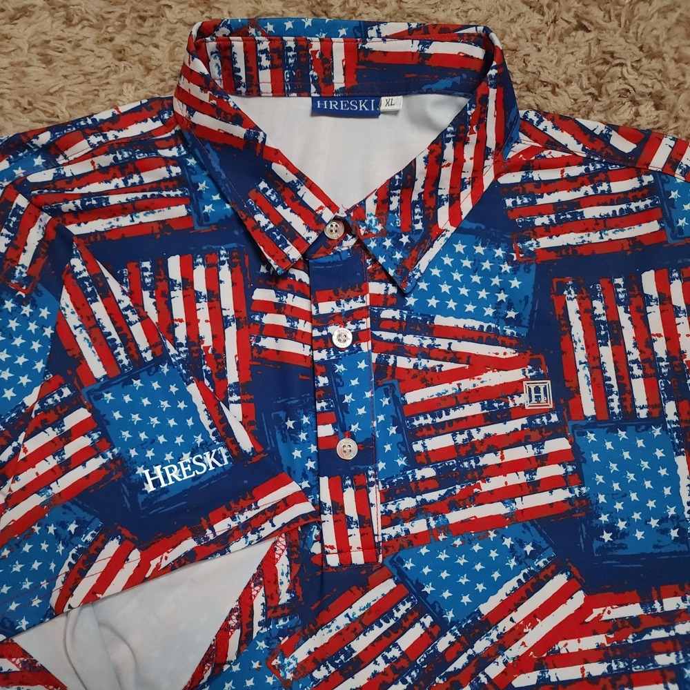 Hreski USA Flag Mens XL Polo Short Sleeve‎ Shirt
